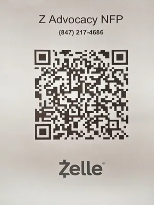 QR code for submitting a tax-deductible Zelle sponsorship donation to Z Advocacy NFP for the Crystal Lake Disability Pride Event. Scan this code with your banking app to send payment.